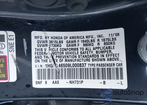 2009 Honda Civic Gx из США, поврежденный, VIN 1HGFA46509L000837